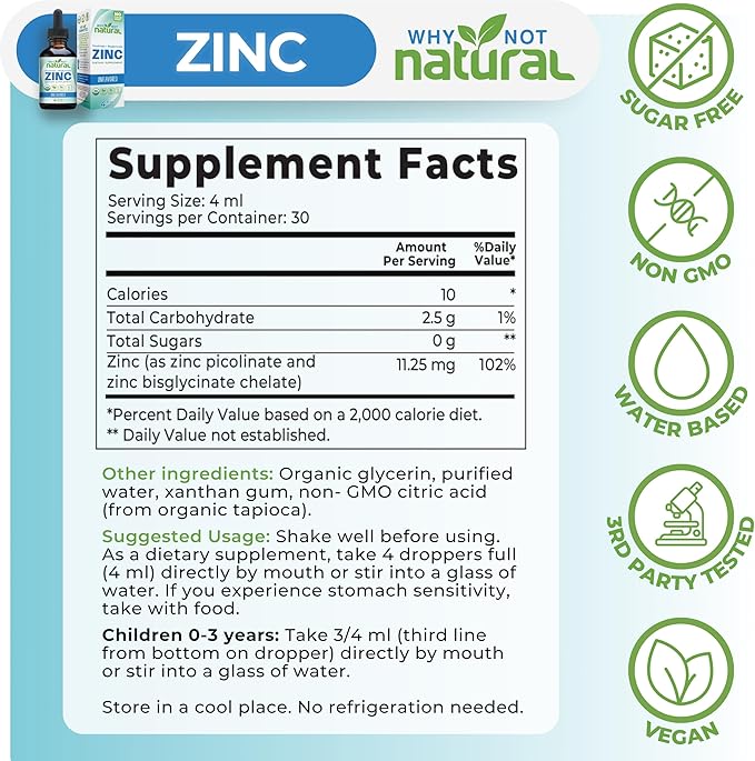 Organic Liquid Zinc Drops Supplement with Chelated Picolinate and Bisglycinate, Vegan