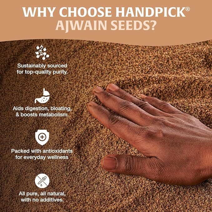 HANDPICK Ajwain Seeds (397g/14oz) Whole Carom Seeds | Vegan, Gluten free, Non GMO | Raw Carom Bishops, Indian Origin | Packed in Resealable Ziplock Pouch