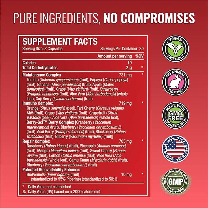 Approved Science Fruits & Veggies - 42 Whole Fruit and Veggie Supplement - Enhanced Health & Vitality - Daily Natural Vitamins, Minerals, Antioxidants - 90 Capsules Each - 1-Month Supply