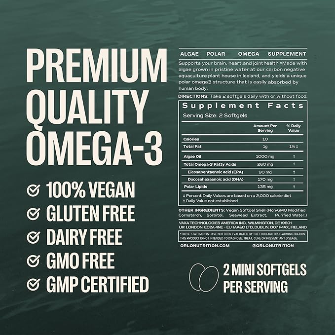 Orlo Vegan Omega 3 Algae Oil 1000mg - Natural Icelandic Nordic Omega-3 EPA & DHA Supplement - Fish Oil & Krill Alternative for Heart & Brain – 120 Easy-to-Swallow Burpless Mini Softgels & Jar