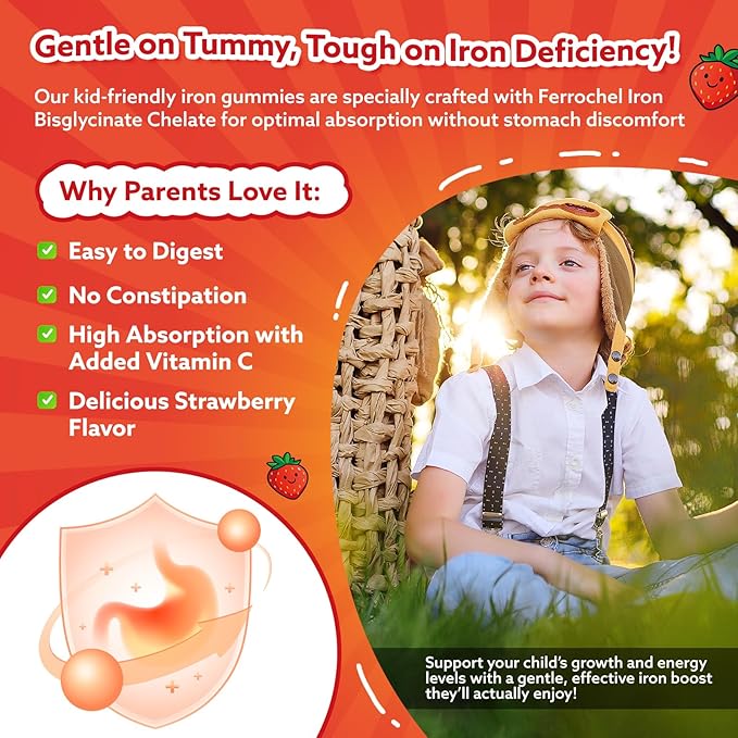 2PCS Iron Gummies for Kids & Teens, Kids Multivitamin with Iron Supplement, Calcium, Folate, Zinc, Prebiotic - for Blood Builder & Energy Support, Iron Deficiency - Vegan & Non-GMO - 120 Count