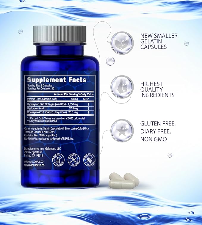 Marine Collagen Peptides Capsules with Hyaluronic Acid, Coenzyme Q10, Vitamin C - Preserve Beauty and Youth - Promote Firm Skin, Strong Nails&Hair, Healthy Joints, 90 Capsules, 1 Month Supply