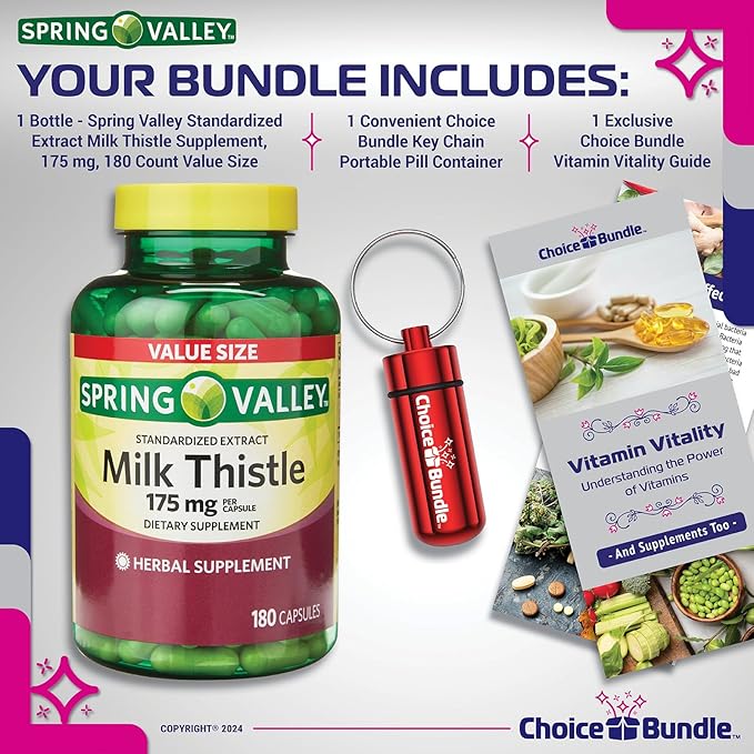 Choice Bundle Spring Valley Standardized Extract Milk Thistle Dietary Supplement Capsules 175 mg 180 Ct Plus Vitamin Guide and Pill Container (3 Items)!