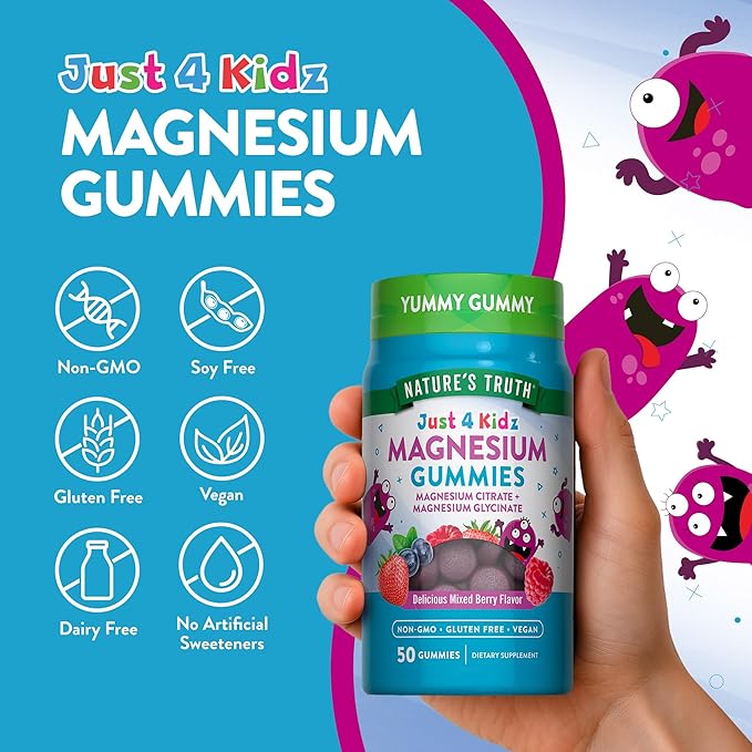 Nature's Truth Magnesium Gummies for Kids | Glycinate & Citrate | 50 Count | Mixed Berry Flavor | Vegan, Non-GMO & Gluten Free Supplement