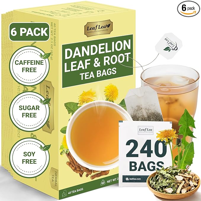 LeafLea 240 Dandelion Root and Leaf Tea Bags, Bulk Dandelion Tea Bags, Natural Dandelion Root Herbal Tea Blend, Te de Diente de Leon, Caffeine-Free, Sugar-Free, Individually Wrapped for Freshness