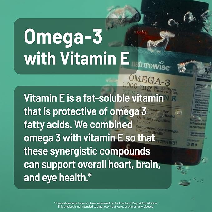 NatureWise Extra-Strength Omega 3 Fish Oil Supplement - 1000mg per Serving - 600 EPA & 400 DHA and Vitamin E - Support for Heart & Brain Health - Lemon Flavor, GMO-Free - 60 Softgels[1-Month Supply]
