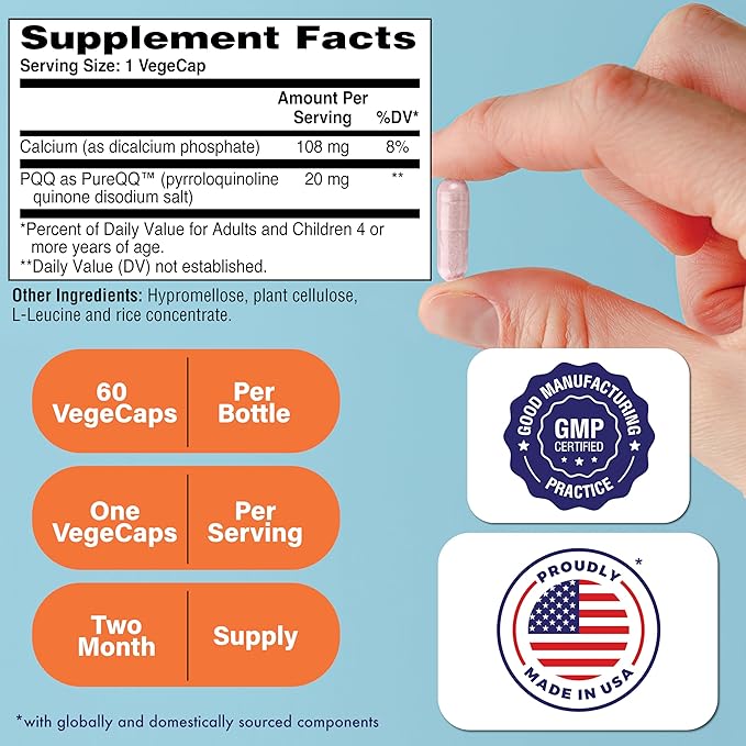 Health Thru Nutrition PQQ 20mg 60 Servings Pyrroloquinoline Quinone as PureQQ | Promotes Mitochondrial Biogenesis | Certified Vegan | Non-GMO Gluten Soy Free Capsules| Clean Label PQQ Supplement