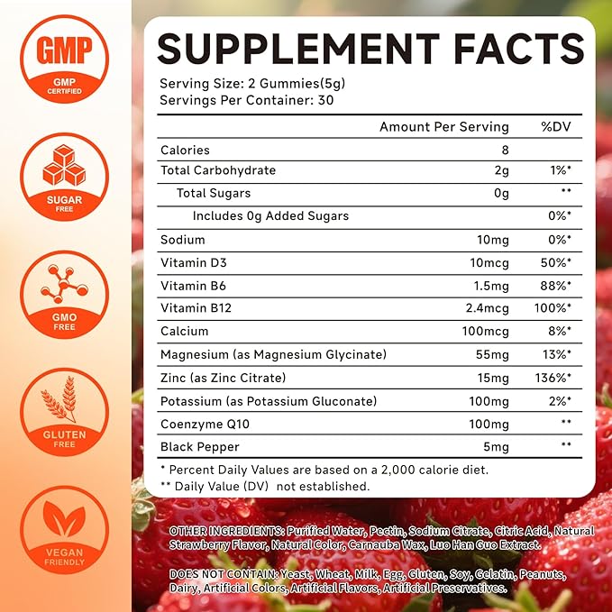 Potassium Magnesium Gummies – High Absorption Magnesium Glycinate – Magnesium Potassium Supplement Gummies with Vitamin B6, D3, B12 for Muscle Support, Sugar-Free Strawberry Flavor, 60 Count