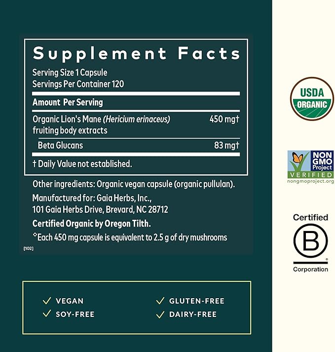 Gaia Herbs Lion's Mane Mushroom - Brain Health Support* - 120 Vegan Capsules (120 Servings)