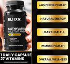 Eliixr Methylated Multivitamin 27-in-1 Formula with 1500 mcg Active Folate, Methylated B12, K2, D3, B-Complex and more Women and Mens Multivitamins, 60 Vegan Capsules, 2 month supply Made in the USA
