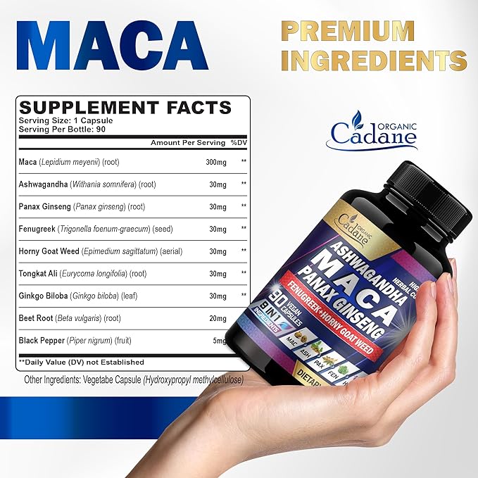 Organic Cadane Maca Root, Ashwagandha, Panax Ginseng Supplement - 90 Capsules 3 Months with Fenugreek, Tongkat Ali & More - Support Energy Production & Immunity