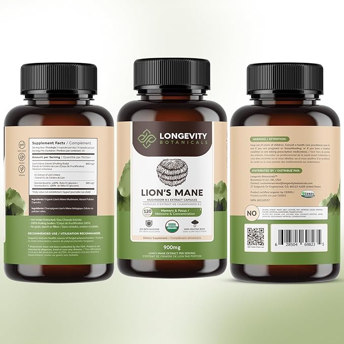 Longevity Botanicals Organic Lion's Mane Mushroom Capsules Supplement Extract 120ct | Hericium Erinaceus Fruiting Body | ≥20% Beta-D-Glucans | 40 Servings of 900mg | Supports Cognitive & Gut Wellness