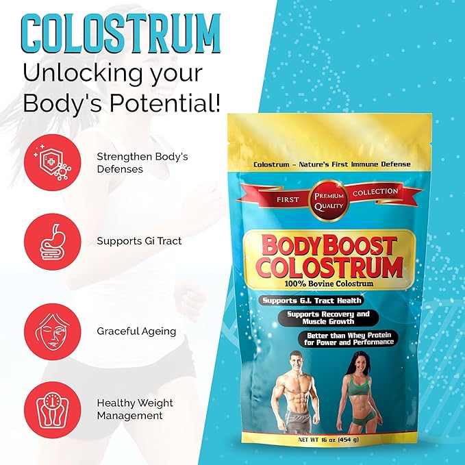 BodyBoost Whole Colostrum, 100% Bovine Colostrum Powder, Immune Booster with Immunoglobulin & Lactoferrin, Grass Fed Colostrum for Gut Health, 16 oz
