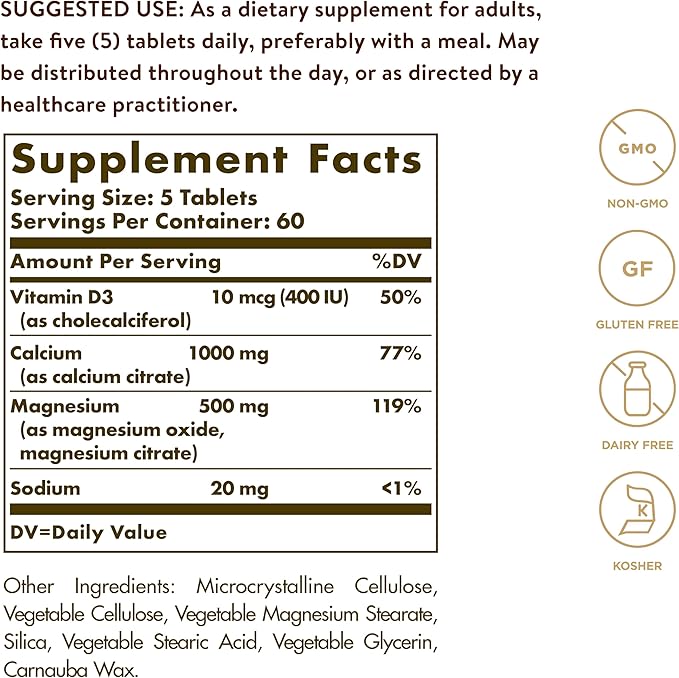 Solgar Calcium Magnesium with Vitamin D3, 300 Tablets - Promotes Healthy Bones, Supports Nerve & Muscle Function - Highly Absorbable Form - Non-GMO and Gluten Free - 60 Servings