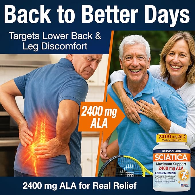 Sciatica Relief Supplement with 2400 mg Alpha Lipoic Acid – Maximum Strength Sciatic Nerve Support for Lower Back & Legs – 2400mg ALA, Vitamins, Magnesium, Turmeric & Ginger – 60 Capsules