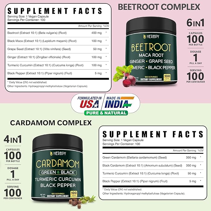 Bundle 6in1 Beet Root Capsules 100 Count & 4in1 Cardamom Capsules 100 Count - Support Restful Night, Heart Health, Digestion & Natural Wellness