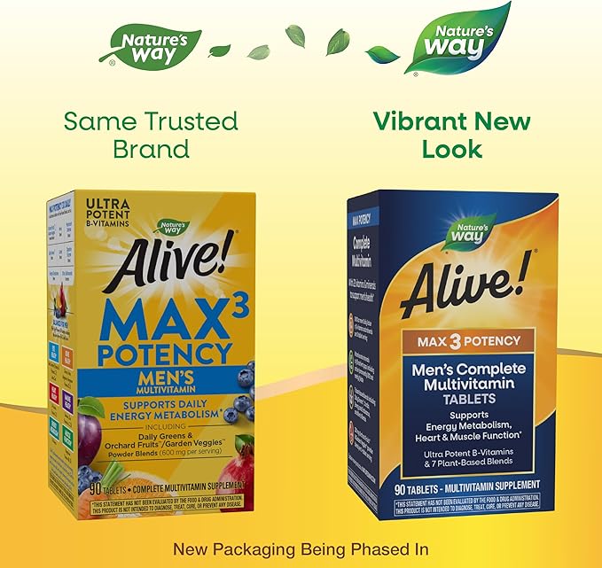 Nature’s Way Alive! Men’s Max3 Potency Multivitamins, Supports Energy Metabolism*, Heart & Muscle Function*, with Methylated B12 and Folate, Gluten-Free, 90 Tablets