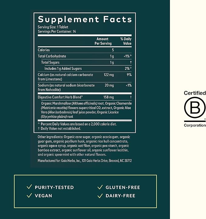 Gaia Herbs Digestive Comfort - Digestive Support Supplement - With Aloe Vera, Marshmallow Root, Chamomile, Licorice - Helps with Occasional Heartburn & Indigestion* - 14 Chewable Tablets (14 Servings)