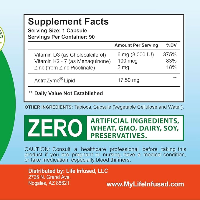 Life Infused Vitamin D3 + K2 Supplement with Zinc & Enzymes — 3000 IU D3, MK-7 K2, Immune & Bone Support, Enhanced Absorption, Non-GMO Vegan Capsules, 90 Count