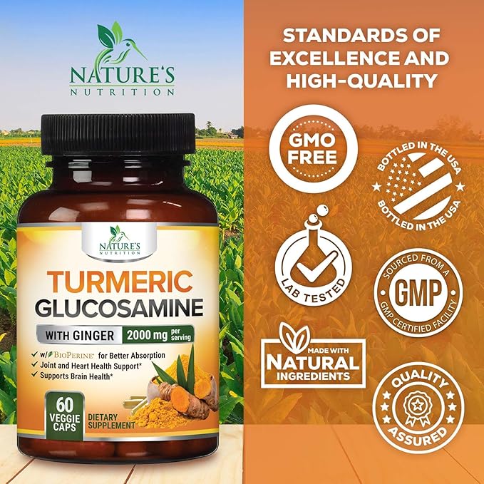 Turmeric Curcumin Supplement - 95% Curcuminoids with Glucosamine, Ginger & MSM, BioPerine Black Pepper Extract for Best Absorption, Natural Vegan Joint Support, Non-GMO, Bottled in USA - 60 Capsules
