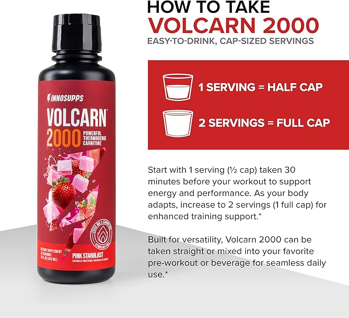 InnoSupps Volcarn 2000 - L-CARNITINE Pre-Workout Advanced Energy Liquid ATP Enhancer w/GBEEC Boosts Energy, Enhances Focus, Cognition & Supports Fat Metabolism, 32 Servings - Pink Starblast Flavor