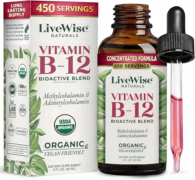 Organic Vitamin B12 1000 mcg Sublingual Liquid Drops For Adults, 1 Year+ Supply - 2 oz, Methylcobalamin & Adenosylcobalamin - Bioactive Blend for Energy, Clarity & Focus - Vegan, Non-GMO, Unflavored