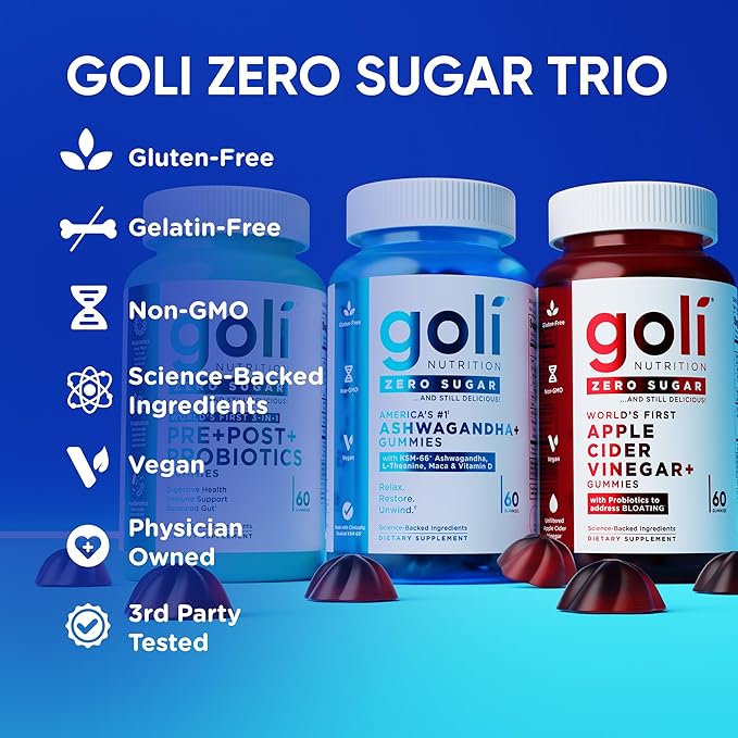 Goli Zero Sugar Trio - World's First 3-in-1 Pre, Post, Probiotic, Apple Cider Vinegar with Vitamin B12 and Probiotics, Ashwagandha & L-Theanine, Vitamin D Gummies, 90 Count (3-Bottle Set)