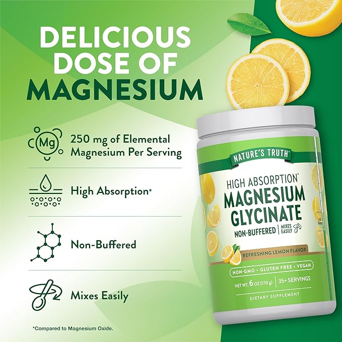 Nature's Truth Magnesium Glycinate Powder | 6 oz | Lemon Flavor | High Absorption | Vegan, Non-GMO, Gluten Free Supplement