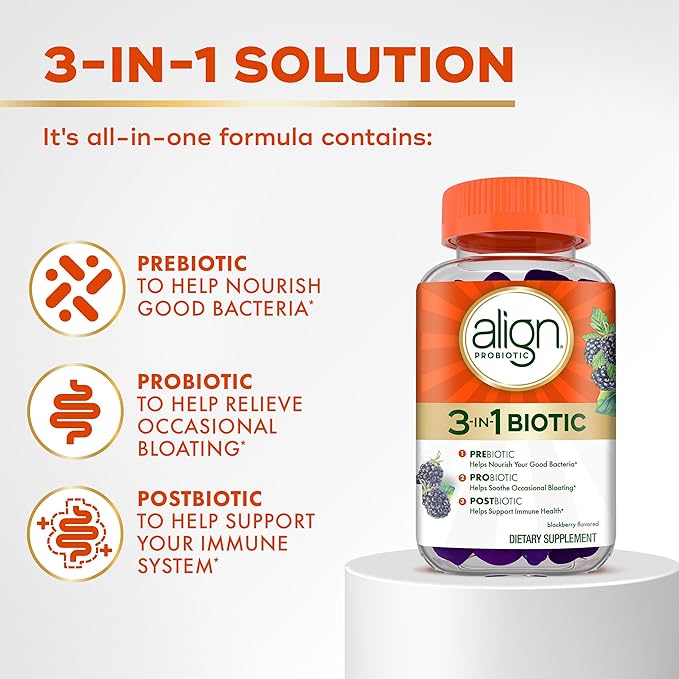 Align Probiotic,3-in-1 Biotic Gummies,Pre + Pro + Postbiotic,#1 Doctor Recommended-Probiotic Brand‡,Helps Relieve Occasional Bloating*,BlackBerry Flavor,50 Gummies,(Pack of 2)