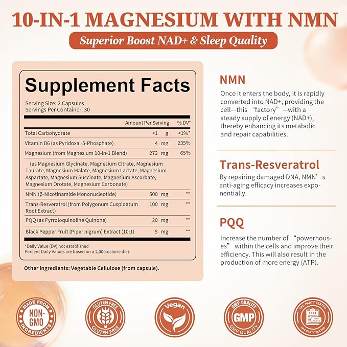 Totaria Magnesium Complex for Woman with NMN Supplement 500mg, Boost NAD Levels, Cellular Energy & Anti-Aging, 14-in-1 NMN Trans-Resveratrol Complex with PQQ, Non-GMO, 30 Days Supply