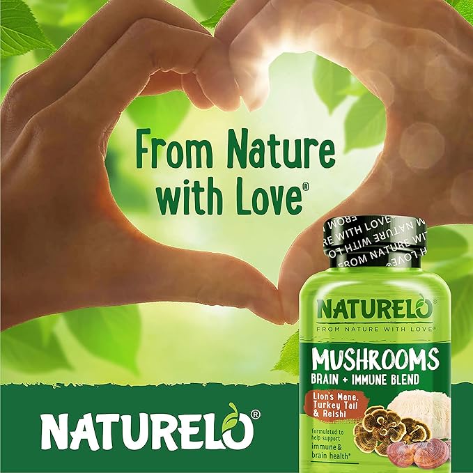 NATURELO Mushroom Supplement Capsules, 90 Ct, Brain & Immune Support, Vegan-Friendly, Lions Mane Supplement Capsules, Lion’s Mane, Reishi, Turkey Tail Blend