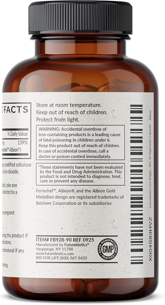 Futurebiotics Iron Bisglycinate 25mg Gentle on The Stomach, Supports Energy & Healthy Red Blood Cell Production - Non-Constipating Formula - Non GMO, 90 Vegetarian Capsules