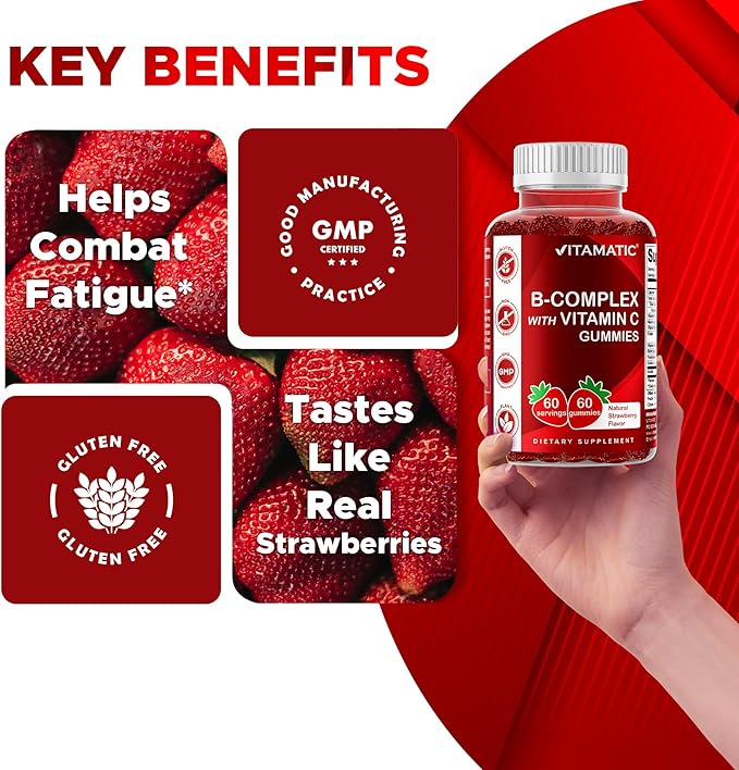 Vitamatic Vitamin B Complex Gummies with Vitamin C & Inositol - Natural Strawberry Flavor - 60 Gummies (1 Bottle)