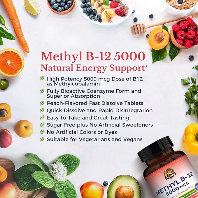 Vitalitown Vitamin B12 (Methyl B12) 5000 mcg, Fully Bioactive Form, Support Energy Production, Natural Peach Flavor, Zero Sugar, 90 Fast Dissolve Tablets