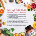 Vitalitown Vitamin B12 (Methyl B12) 5000 mcg, Fully Bioactive Form, Support Energy Production, Natural Peach Flavor, Zero Sugar, 90 Fast Dissolve Tablets