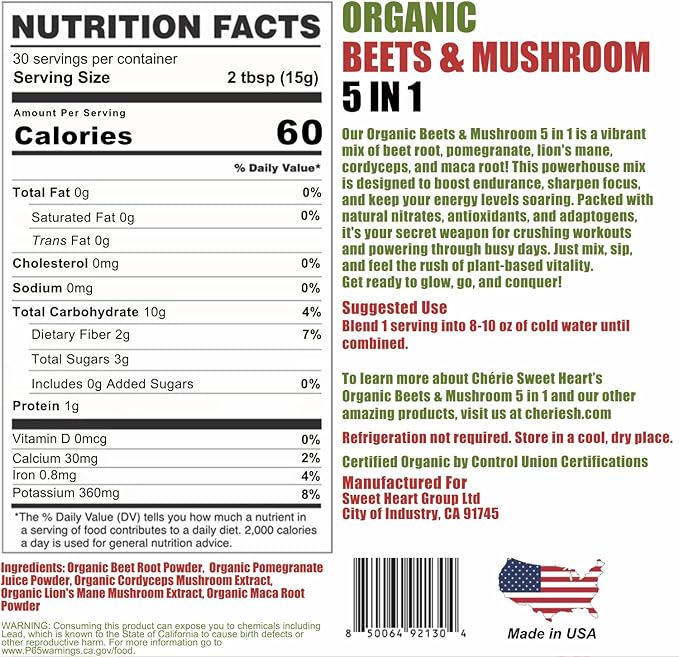 Cherie Sweet Heart Organic Beets & Mushroom 5 in 1, Beet Root Powder, Mushroom Powder Supplement, Beetroot with Pomegranate, Cordyceps, Lions Mane, Maca, USDA Organic, Gluten Free - 16 oz Pouch