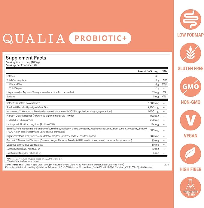 Qualia Probiotic - 28 Science-Backed Spore Probiotics, Prebiotics, and Postbiotics. Total Gut Support. Soothes Digestive discomfort. Ethically sourced. Promotes Akkermansia Growth. 1 Month Supply