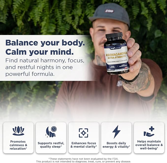 Gade Nutrition Ashwagandha Supplements - Extra Strength, ashwagandha Powder Capsules with Black Pepper, Natural Mood, Focus, and Energy Support Supplement, 120 Veggie Capsules, USA Made