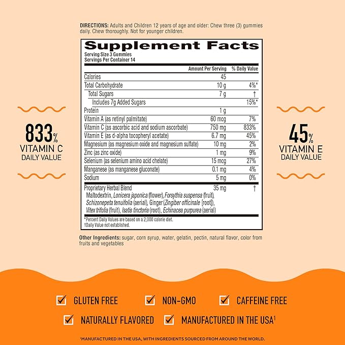 Airborne 750mg Vitamin C Gummies for Adults, Immune Support Supplement with Powerful Antioxidants Vitamins C & E - 42 Gummies, Zesty Orange Flavor (2 Pack)