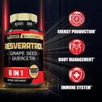 6in1 Trans Resveratrol Supplement with Grape Seed, Milk Thistle, and More - Resveratrol 1000mg - Supports for Immune System, Heart Health, Body Management - 180 Capsules