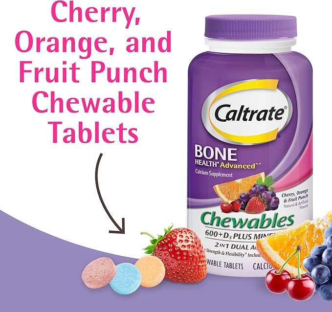 Caltrate Chewables 600 +D3 Plus Minerals Calcium and Vitamin D, Sugar Free, Cherry, Orange and Fruit Punch, 60 Count