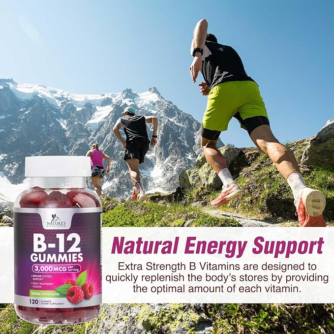 Vitamin B12 Energy Gummies - 3000 mcg per Serving Extra Strength B 12 Gummy for Metabolism & Immune System Support - Chewable Dietary B12 Supplements, Caffeine Free Gummy Vitamin - 120 Gummies