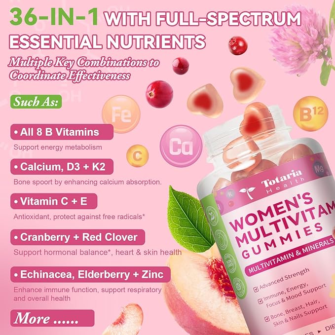 Totaria Sugar Free Multivitamin Gummies for Women 14+ w/Iron, Inositol, Folate, Biotin, Womens Daily Multivitamin Gummy w/Vitamin A, C, B, D3, K2, for Hair, Skin, Energy, Immune, Peach Flavor