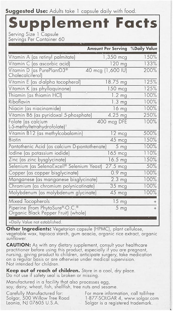 Solgar One Daily Men's Multivitamin Whole Body Support Supplement, Highly Absorbable Delayed Release One Daily Multi Vitamin Capsules for Men - Immune Heart Energy Stress & Muscle Health, 60 Servings