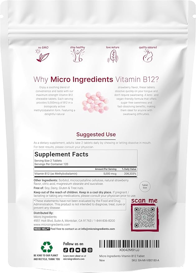 Micro Ingredients Vitamin B12 5,000 mcg | Methylcobalamin – 240 Chewable Tablets | Fast Dissolve, Natural Strawberry Flavor | Vegan, Non-GMO, Gluten Free