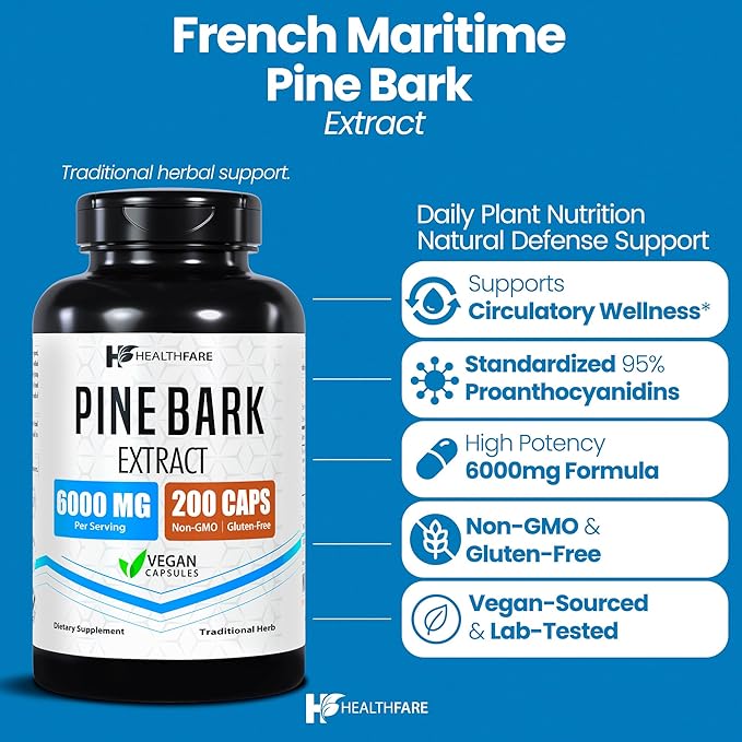 Healthfare Pine Bark Extract 6000mg French Maritime | 200 Vegan Capsules | Standardized 95% OPC Proanthocyanidins | Antioxidant Herbal Supplement | Non-GMO, Gluten-Free | Made in USA