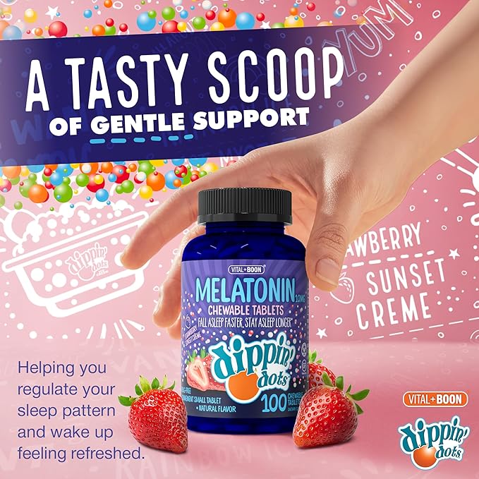 Dippin' Dots Chewable Melatonin 10mg – Melatonin 10 mg Tablets for Adults – Sugar Free – Strawberry Sunset Creme Flavor – Restful Sleep Support Supplement – Kosher, Gluten Free, Vegetarian (100 Count)