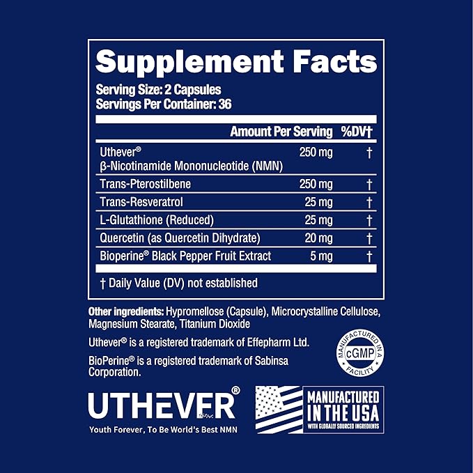 BONE SCIENCE Uthever NMN & Pterostilbene 6-in-1 Complex with Resveratrol, Glutathione & BioPerine - High Purity Stabilized NAD+ Precursor for Healthy Aging & Cellular Energy - 72 Vegetarian Capsules