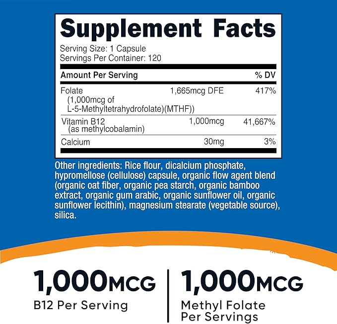 Nutricost Methylated Vitamin B12 + Folate Supplement (2,000 mcg) 120 Capsules - 1,000 mcg of Vitamin B12 + 1,000 mcg of Methyl Folate, Gluten-Free, 60 Servings