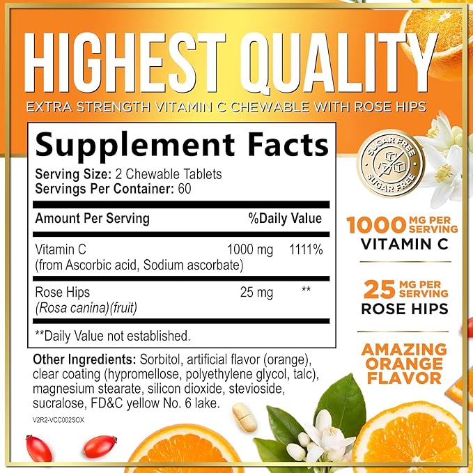 Vitamin C 1000mg Per Serving - Extra Strength with Rose Hips Bioflavonoids - Sugar Free Vitamin C Chewable Pills, Vit C Supplement for Immune Support & Antioxidant, USA Bottled - 120 Chewable Tablets